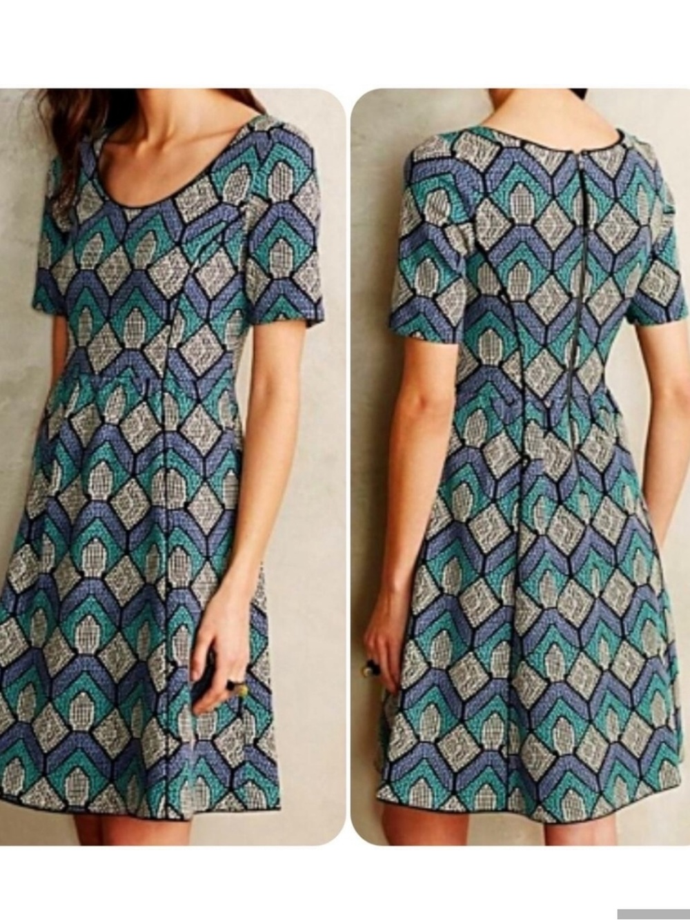 HD In Paris Hollyhock Geometric Diamond Blue/Green Dot A-line Dress Size MP